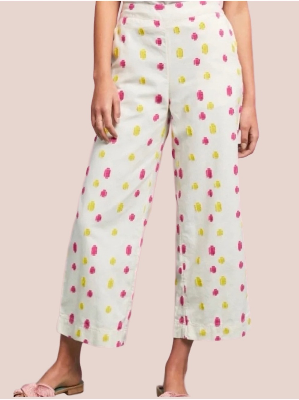 Anthropologie White Wide-Leg Pants with Pink & Yellow Spot Print - Picture 3 of 5